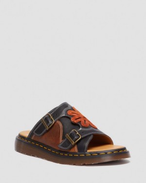 Black+Brown+Rust Orange — Regency Calf+Desert Oasis Dr.Martens Dayne Made in England Leather & Suede Applique Slides | SN-DM85105