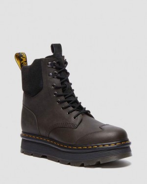 Black+Charcoal Grey Dr.Martens Zebzag 8 Ties Burnish Waxy Lace Up Boots | SN-DM84196