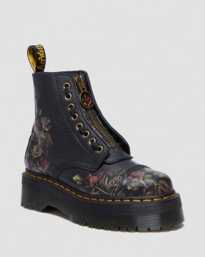 Black Dr.Martens Sinclair Decayed Roses Leather Platform Boots | SN-DM84697