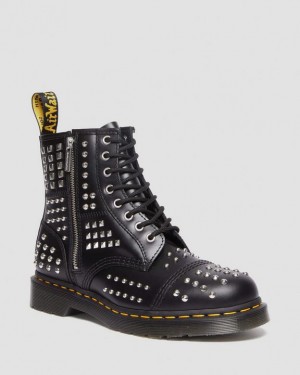 Black — Atlas Dr.Martens 1460 Studded Zip Atlas Leather Lace Up Boots | SN-DM84201