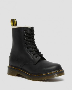 Black — Burnished Wyoming Dr.Martens 1460 Faux Fur Lined Lace Up Boots | SN-DM84430