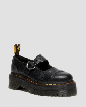 Black — Milled Nappa Dr.Martens Addina Flower Buckle Leather Platform Shoes | SN-DM84465