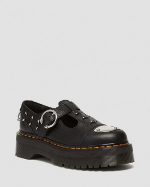Black — Milled Nappa Dr.Martens Bethan Piercing Leather Platform Mary Jane Shoes | SN-DM84453