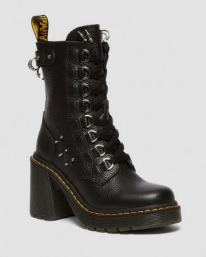 Black — Milled Nappa Dr.Martens Chesney Piercing Leather Flared Heel Lace Up Boots | SN-DM84371