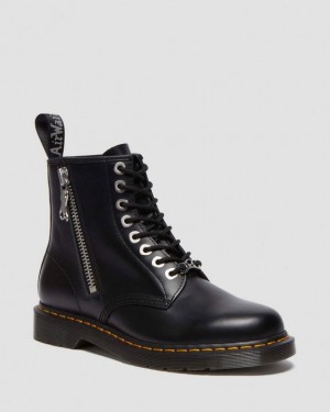 Black — Polished Smooth Dr.Martens 1460 Zip Smooth Leather Lace Up Boots | SN-DM84264
