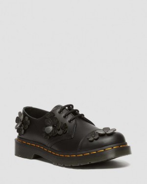 Black — Smooth Leather Dr.Martens 1461 Flower Applique Leather Oxford Shoes | SN-DM84562