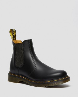 Black — Smooth Leather Dr.Martens 2976 Yellow Stitch Smooth Leather Chelsea Boots | SN-DM84334