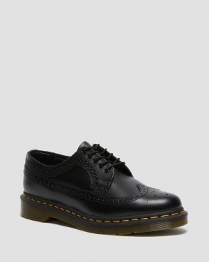 Black — Smooth Leather Dr.Martens 3989 Yellow Stitch Smooth Leather Brogue Shoes | SN-DM85043