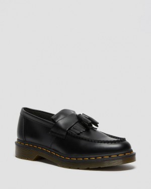 Black — Smooth Leather Dr.Martens Adrian Yellow Stitch Leather Tassel Loafers | SN-DM85019
