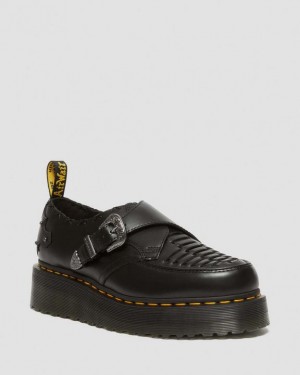 Black — Smooth Leather Dr.Martens Ramsey Woven Smooth Leather Platform Creepers | SN-DM84725