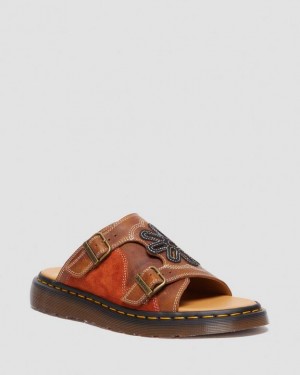 Conker Brown+Black+Rust Orange — Regency Calf+Desert Dr.Martens Dayne Made in England Leather & Suede Applique Slides | SN-DM84617