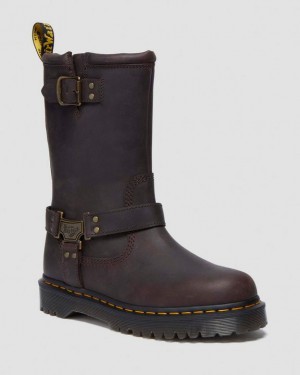 Dark Brown — BURNISHED WAXY PULL UP WP Dr.Martens Anistone Hi Leather Biker Boots | SN-DM84696
