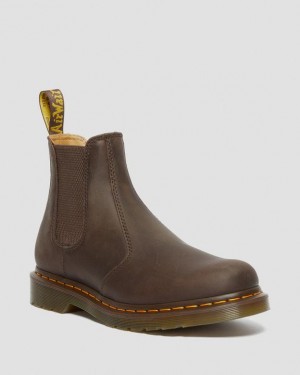 Dark Brown — Crazy Horse Dr.Martens 2976 Yellow Stitch Crazy Horse Leather Chelsea Boots | SN-DM84332