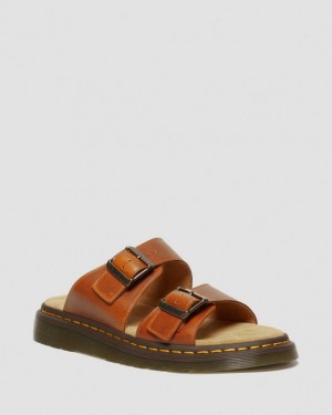 Oak — Aniline Dr.Martens Josef Analine Leather Buckle Slide Sandals | SN-DM84619