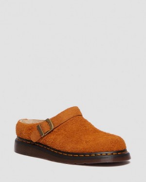PECAN BROWN — Long Napped Suede Dr.Martens Isham Faux Shearling Lined Suede Slingback Mules | SN-DM84995