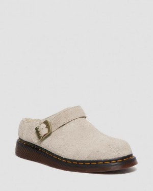 VINTAGE TAUPE — Long Napped Suede Dr.Martens Isham Faux Shearling Lined Suede Slingback Mules | SN-DM84983
