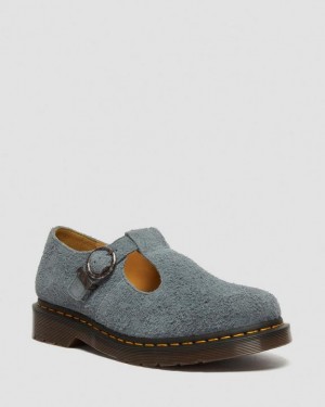 Washed Denim — Long Napped Suede Dr.Martens T-Bar Suede Mary Jane Shoes | SN-DM84458
